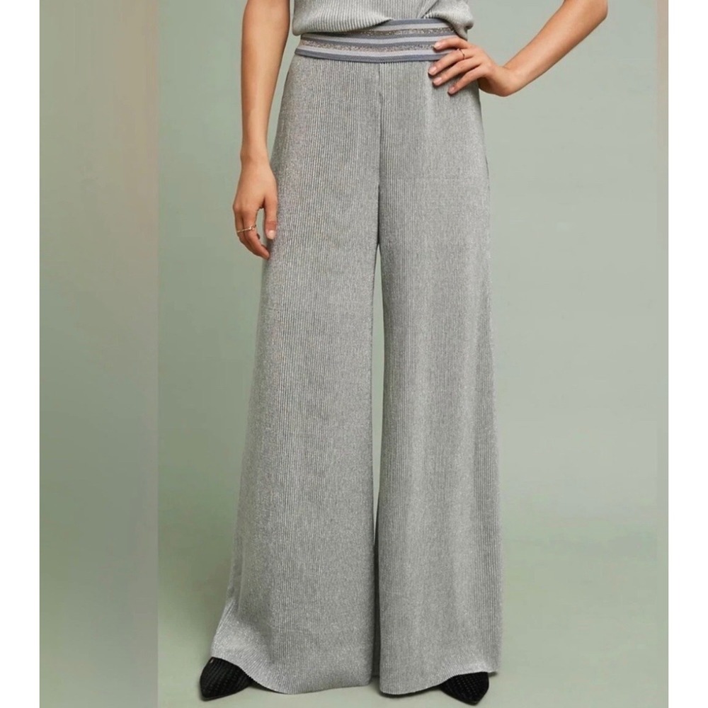 Anthropologie Ettwa Silver Metallic Pleated Wide Leg Pants Size Medium NWT